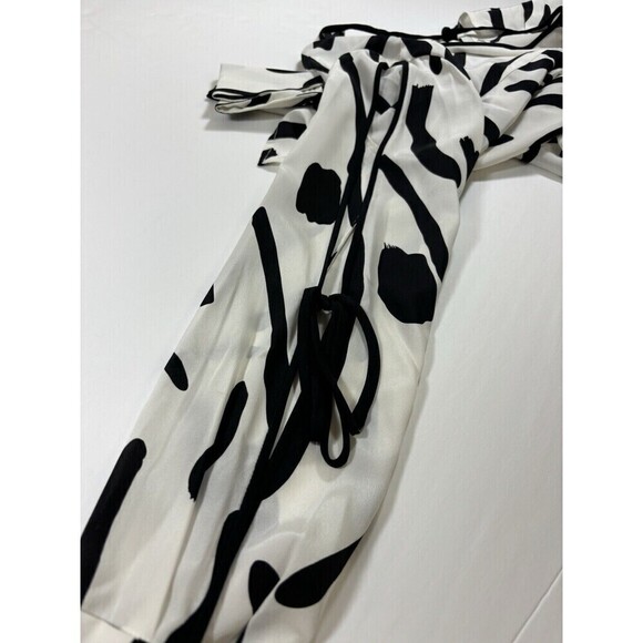 Diane Von Furstenberg Silk Blouse Tunic Top White Black Print 2 Silk Bows - Picture 14 of 16